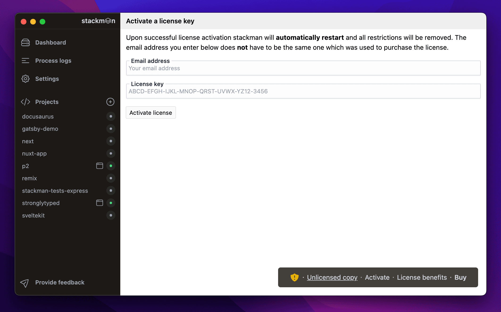 A screenshot of the license activation screen in stackman