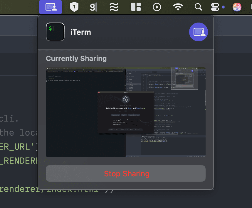 Control Centre showing screen recording indicator with desktop preview