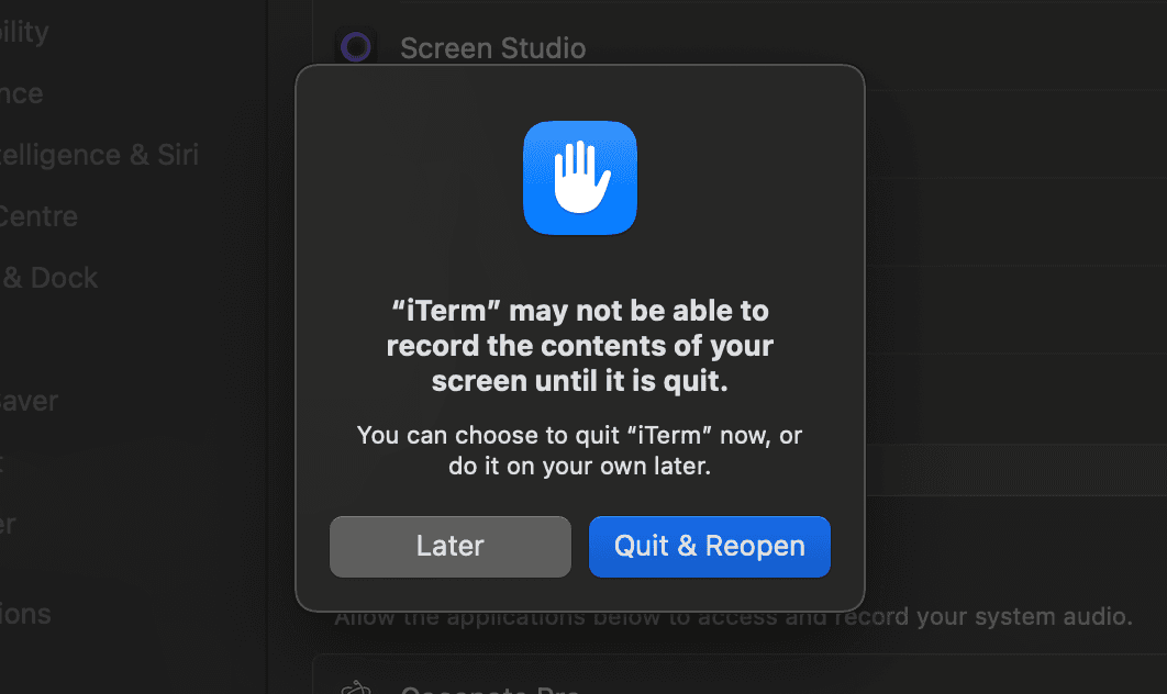 macOS prompt requiring app restart after granting screen recording permission
