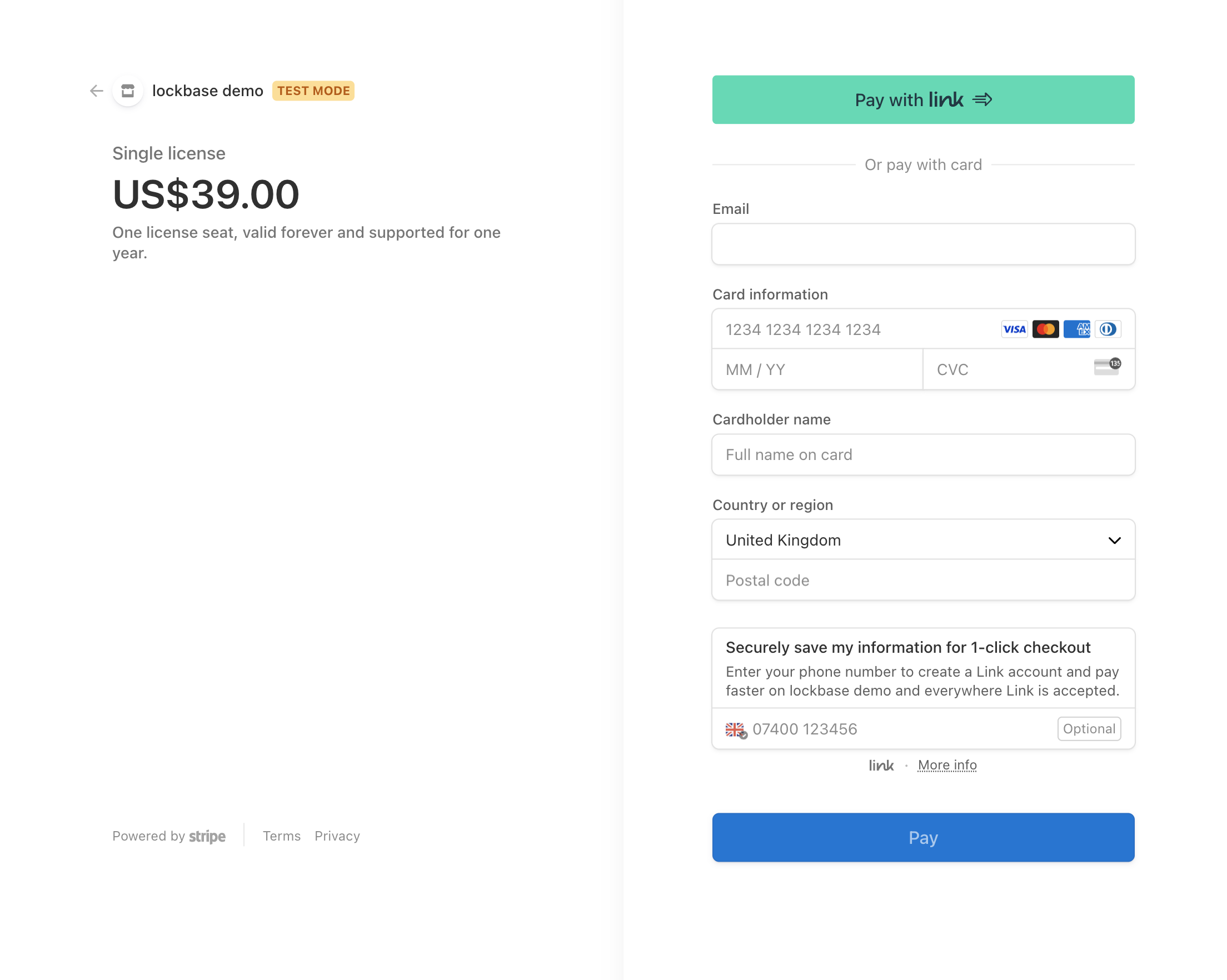 A screenshot of a Stripe checkout payment screen
